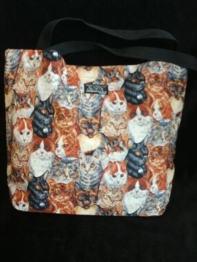 Cat Face Print Lined Lunch Tote Bag with Black Straps